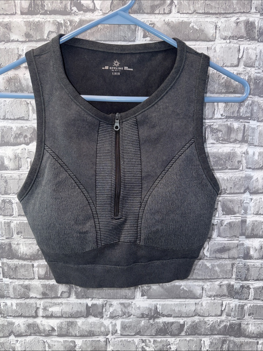 Offline by aerie Black Zip-Front Ribbed Cropped Tank Top